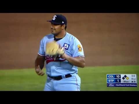 St. Paul Saints "P" David Banuelos vs. Columbus Clippers' Milan Tolentino, Cooper Ingle