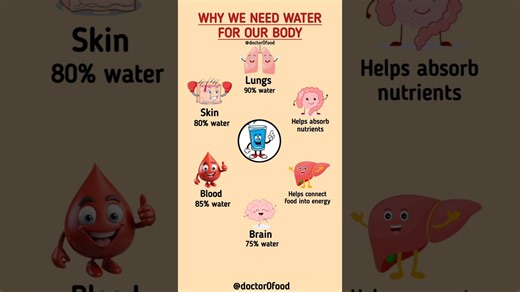 💧 WHY WE NEED WATER FOR OUR BODY Water is life — it plays a crucial role in every system of your body. From your brain to your skin, every organ depends on it to function properly. Here’s why water is essential for your health: 🫁 1. Lungs – 90% Water Our lungs are made up of nearly 90% water, which helps keep the tissues soft and flexible. Water is necessary to keep the mucous membranes moist, allowing smooth breathing and oxygen exchange. Dehydration can make breathing difficult and increase 