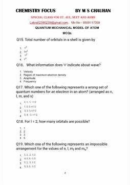 PART-II STRUCTURE OF ATOM MCQs; PAULI EXCLUSION PRINCIPLE; QUANTUM MECHANICAL MODEL OF ATOM/NEET;