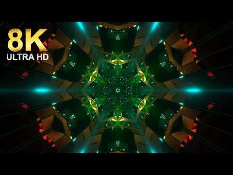 8K Abstract Futuristic Kaleidoscope Tunnel Background with Cyan and Green Geometric Neon Lights(1hr)