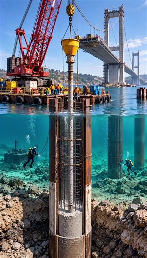Ever wondered how bridge piers are built underwater? 🌉 Watch wet concrete rise inside a steel casing, 40 meters below the surface, with zero spills and zero leaks. Pure engineering magic. 🏗️ Every layer is poured with precision, and the result will hold a bridge for 100 years. 💪 Tag someone who loves satisfying engineering! 👇 #EngineeringMarvels #SatisfyingVideos #BridgeConstruction #CivilEngineering #UnderwaterConstruction