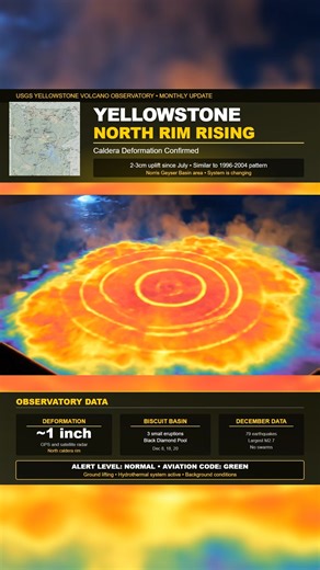 🌋🚨 USGS Yellowstone December Update: Caldera Uplift New Eruptions 🚨🌋 USGS has confirmed 2 to 3 cm of uplift along Yellowstone’s north caldera rim, centered just south of Norris Geyser Basin. The signal appears to have started in July and is now clearly separated from seasonal motion. December also brought at least three small eruptions at Black Diamond Pool in Biscuit Basin on Dec 8, 18, and 20, detected by cameras and infrasound. This is the same basin hit by the 2024 hydrothermal explosion
