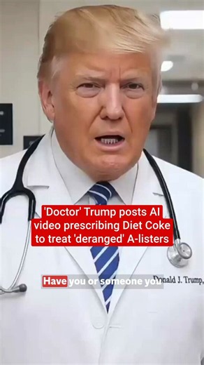 President Trump posted a bizarre AI video of himself as "Doctor Trump," prescribing Diet Coke as a treatment for Trump Derangement Syndrome (TDS) to his celebrity critics.