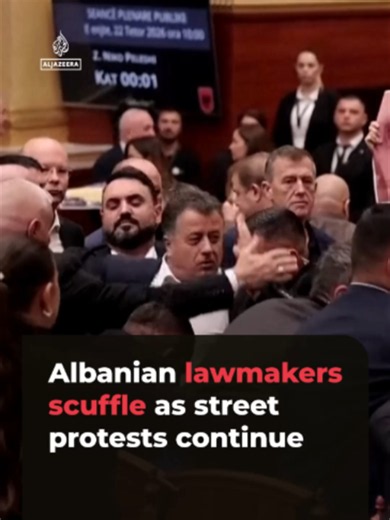 Albanian lawmakers have scuffled in parliament, throwing objects at one another and ripping microphones from desks. The chaos follows months of daily street protests, first over corruption, and now over schooling conditions.