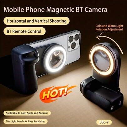 Magnetic Phone Camera Grip With Selfie Fill Light, Smartphone Shooting Holder Selfie Handle Snap With Shutter Button Remote Compatible With Iphone 17 16 15 14 13 12 Pro Max Android Cellphone Vlog Video Photography Compatible With Iphone Android Phone For Winter Vacation, Travel, Fill Light, Outdoor Activities, Live Streaming Vacation Travlel Outdoor Activities Live Streaming Selfie Stick Vlogging Equipment 360° Rotation | SHEIN