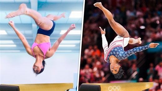 Acrobats attempt to perform Simone Biles' hardest gymnastics skills