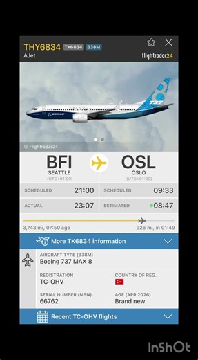 AJet Seattle🇺🇸to Oslo 🇳🇴 TK6834 Boeing 737 max 8 age April 2026 brand new 🇹🇷