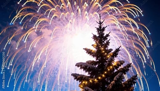 brightly lit outdoor christmas tree silhouetted against massive colorful firework explosion mixing holiday themes