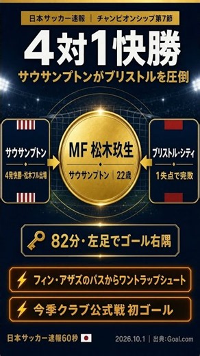 【クラブ＆代表ゴール】松木玖生、サウサンプトンでも弾丸左足弾——今夜のエクアドル戦で先発濃厚