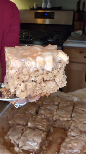 Apple Cinnamon cake with caramel glaze. Moist delicious cake that's a perfect fall dessert. This recipe fits in a 10x10 pan or you could use a 9x13. 1/2 cup butter melted 1/2 cup brown sugar 1 cup applesauce 1/2 cup sour cream or Greek yogurt 2 eggs 2 tsp vanilla extract 2 1/2 cups all purpose flour 1 1/2 tsp cinnamon 1/4 tsp clove 1 tsp baking soda 1 tsp baking powder 1 tsp salt Mix butter and brown sugar. Add in eggs, applesauce, sour cream, and vanilla extract. Mix dry ingredients together fi