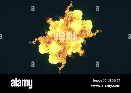 A realistic 3D star-shaped explosion. A bright, yellow-orange flash expands in all directions with symmetrical rays and quickly gives way to thick, dark smoke against a black background Stock Video Footage - Alamy