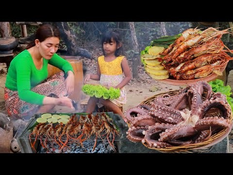Yummy! Cooking arm octopus curry and grilled lobster tasty delicious +4food cook and eat