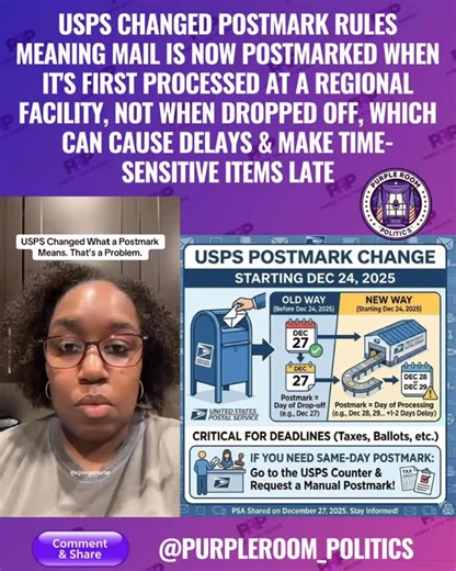 As of January 2026, the United States Postal Service (USPS) has officially updated its postmark rules, potentially affecting the timeliness of sensitive mail. Effective December 24, 2025, a postmark now indicates the date a piece of mail is first processed at a regional facility by an automated sorting machine, rather than the date it was dropped off at a mailbox or local post office. Key Changes Regional Processing: Most mail dropped in blue collection boxes or neighborhood mailboxes is transpo