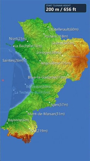 200m Tsunami Simulation of French Region Nouvelle Aquitaine! #tsunami #geography #france #maps