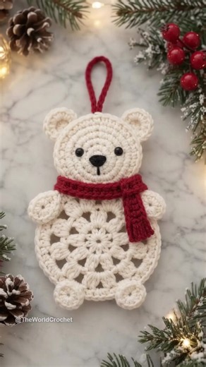 The cutest scrap-yarn Christmas ornament I’ve ever made ❄️🐻 I was looking for a fast, handmade way to level up my holiday gift wrapping, and this little polar bear turned out better than I could have imagined. #crochetornament #christmascrochet #crochetpolarbear #holidaycrochet #quickcrochetprojects