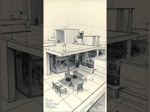 A detailed, vertical graphite pencil drawing of a complex, multi-level modern residential archite...
