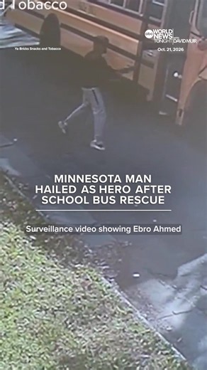 A man in Minnesota is being called a hero, as surveillance video shows Ebro Ahmed jumping onto a school bus with children on board after the driver suffered a medical episode. David Muir reports.