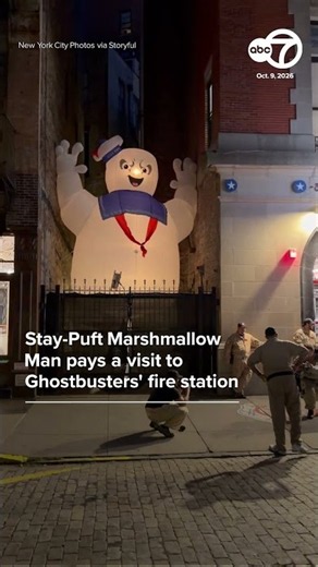 Stay-Puft Marshmallow Man pays visit to Ghostbusters' fire station