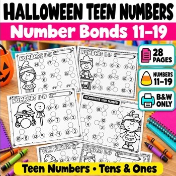 Halloween Number bonds with Teen Numbers Math Worksheets for 1st Grade