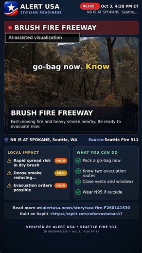 🚨 BRUSH FIRE FREEWAY — NB I5 AT SPOKANE, Seattle, WA