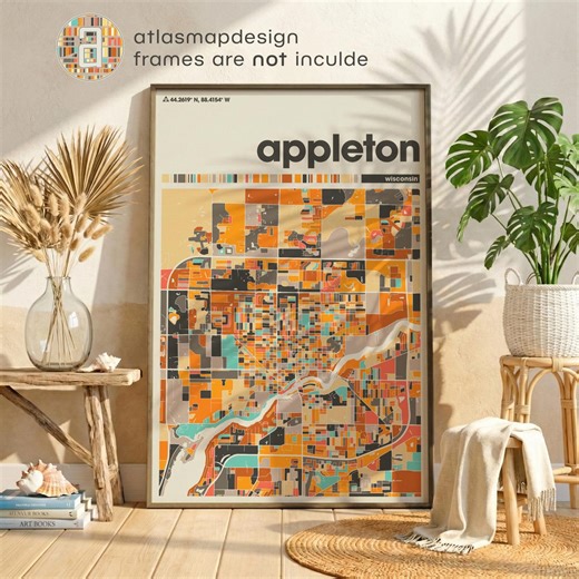 Mappa colorata della città di Appleton / Poster della città del Wisconsin / Decorazione murale di Fox Cities / Arredamento per la casa del Wisconsin - Etsy Italia