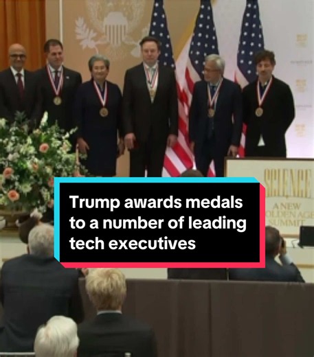 President Trump awarded medals to a number of leading tech executives at the Institute of Peace in Washington, D.C., on Thursday, including SpaceX’s Elon Musk, Google co-founder Sergey Brin, Nvidia CEO Jensen Huang, Microsoft CEO Satya Nadella, Advanced Micro Devices CEO Lisa Su and Michael Dell, CEO of Dell Technologies. #trump #elonmusk #nvidia #microsoft #google
