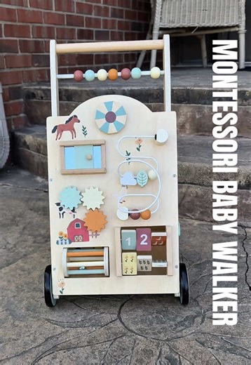 This is a Montessori busy board for babies and toddlers, but it’s also an adjustable baby walker or a toddler walker that they can push around for walking support! #babies #toddlers #toys #montessori #tiktokshopstockup