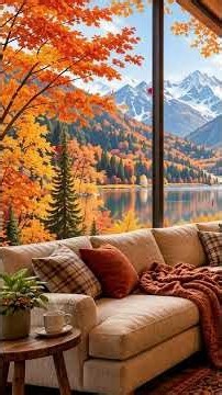 (NO ADS) Cozy Autumn Mountain Cabin 🍂 Fall Lake Views & Relaxing Jazz Piano for Reading #shorts