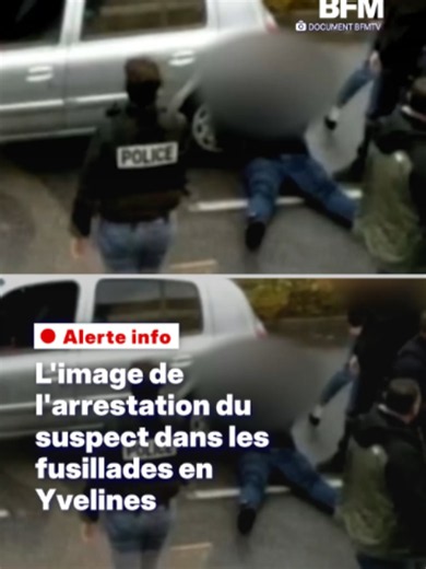 L'image de l'arrestation du suspect de la fusillade dans les Yvelines. On peut y observer le suspect assis, les mains dans le dos, adossé à la roue arrière gauche de sa voiture. Autour de lui, de nombreux membres des forces de l'ordre. #sinformersurtiktok #trappes #yvelines #terrorisme