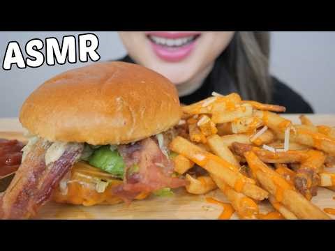 ASMR Deluxe Gourmet Chicken Cheddar Burger with Buffalo Fries *NO TALKING Eating Sounds | N.E
