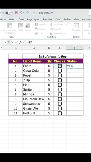 Creating check boxes in excel