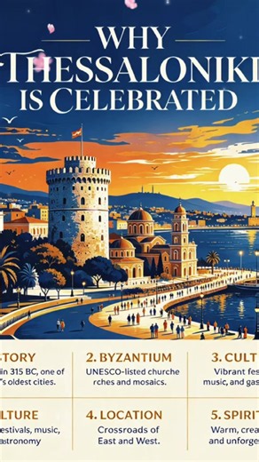 🏛️ WHY THESSALONIKI IS CELEBRATED — Summary ✨ A City of Great Significance 📍 Location Second-largest city in Greece, capital of Macedonia — a vibrant port city at the crossroads of East and West. 🕯️ Spiritual Heart Named after Thessalonike, half-sister of Alexander the Great. Saint Demetrios is its patron saint — the Great Martyr honoured every 26 October — one of Greece's most beloved saints. 🏛️ History & Culture - Founded 315 BC by King Cassander ​ - One of the oldest cities in Europe — By