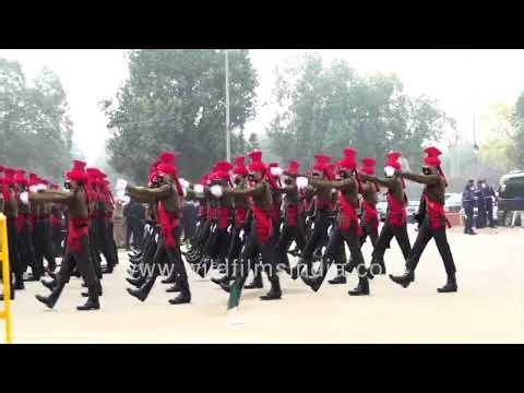 Soldiers march in formation during Republic Day parade rehearsal in New Delhi