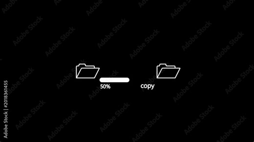 Document file copy or transfer process icon animation. Fast file transfer, quick torrent of copying data from folder to folder with 0 to 100% complete on black background.