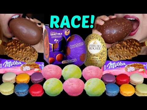 ASMR BIG CADBURY DAIRY MILK VS FERRERO ROCHER EGG RACE! Milka Rainbow mochi ice cream & macarons 먹방