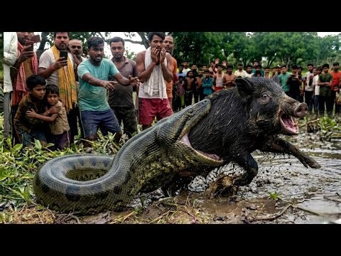 Huge Burmese Python Hunts Down a Wild Boar in the Woods.