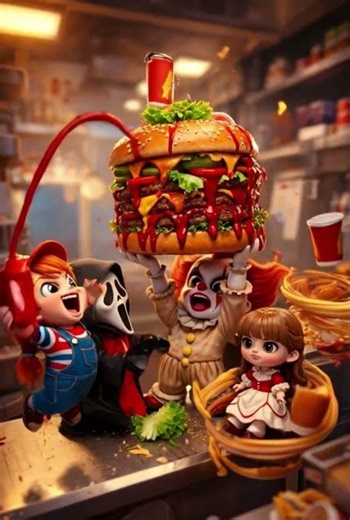 🍔 Giant Burger EXPLODES 😱 Chucky & Pennywise Destroy the Fast Food 🤡🔥 #shorts
