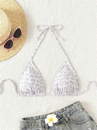 SHEIN Swim Vcay 2025 Women's Summer Vacation Beach Leopard Print Halter Bikini Top Animal Print Bikini Animal Print Bathing Suit Bikini Tops Triangle Animal Print Swim Wear Cute Bikini Tops Animal Print Swimwear | SHEIN