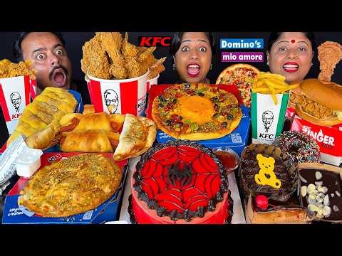 KFC vs MIO AMORE vs DOMINOS FOOD CHALLENGE CHICKEN BUCKET, PIZZA, CAKE, BURGER MUKBANG BIGBITES