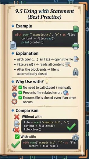 "Python with open(): Auto closes files, prevents errors, works even if code fails🚀". #python #coding