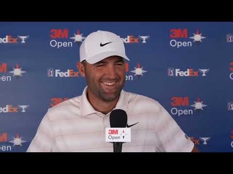 Scottie Scheffler reacts to his bogey-free 65 at the 3M Open