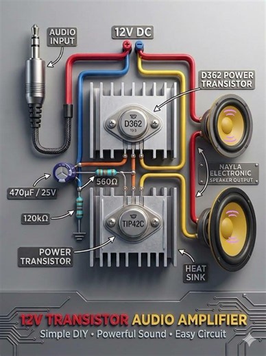 12V TRANSISTOR AUDIO AMPLIFIERSimple DIY Powerful Sound. Easy Circuit. #amplifier #diycircuit #diy