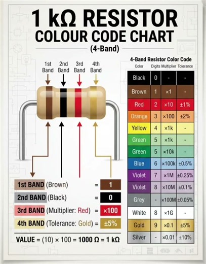 1 k Resistor Colour Code Chart (4-Band)#ResistorColorCode #Electronics #analogcircuit #analoglayout
