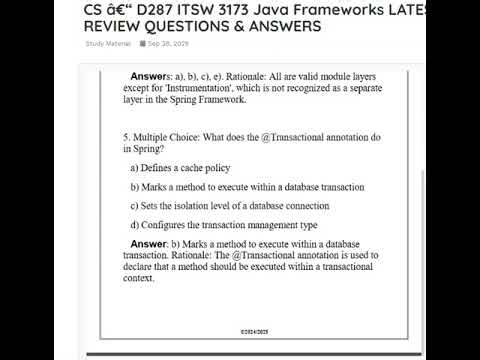 D287 ITSW 3173 Java Frameworks LATEST FINAL ASSESSMENT REVIEW QUESTIONS & ANSWERS