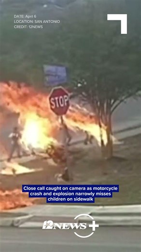 Close call caught on camera as motorcycle crash and explosion narrowly misses children on sidewalk