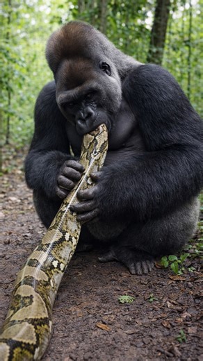 🐍 Gorilla vs Giant Python – Jungle Battle You Won’t Believe A giant python launches a sudden ambush from the jungle bushes, jaws wide open aiming for the gorilla’s head. But the silverback reacts instantly. With explosive strength, the gorilla grabs the snake’s jaws, forces them apart, and slams the massive python onto the forest floor. The fight turns brutal. Powerful punches rain down on the python’s head as the gorilla completely dominates the battle. Minutes later, the jungle falls silent… 