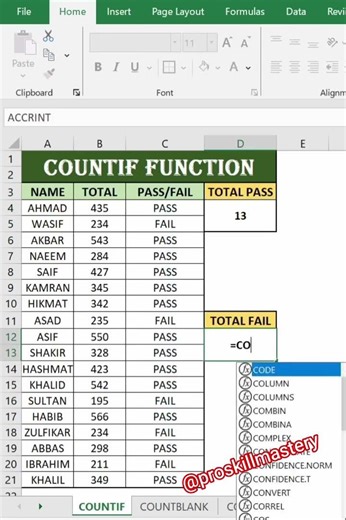 🗂😎 COUNTIF Function in Excel 🤯Find Student Pass & Fail Total | Easy Trick🔥#shorts #shortvideo #tips