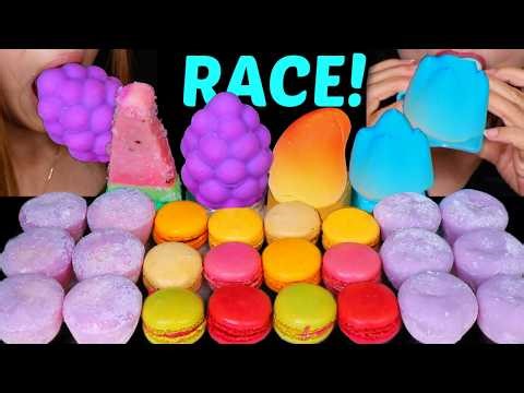 ASMR VIRAL FRUIT ICE CREAM & RAINBOW MOCHI MACARON RACE! 먹방
