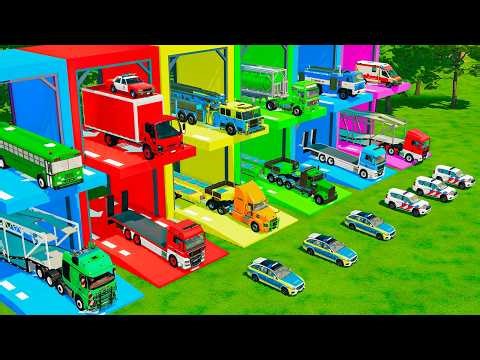 TRANSPORTING EMERGENCY VEHICLES, POLICE CARS, FIRE ENGINE, WATER TANK TRUCK TO GARAGE - FS22