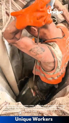 Deep Excavation Foundation Work: Worker Operates Equipment Inside Deep Shaft